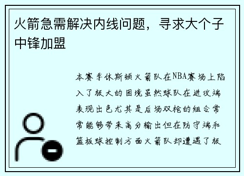 火箭急需解决内线问题，寻求大个子中锋加盟
